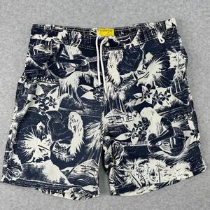 Lands' End Hoffman California Swim Trunks L Blue White Hula Hawaiian Mesh Lined